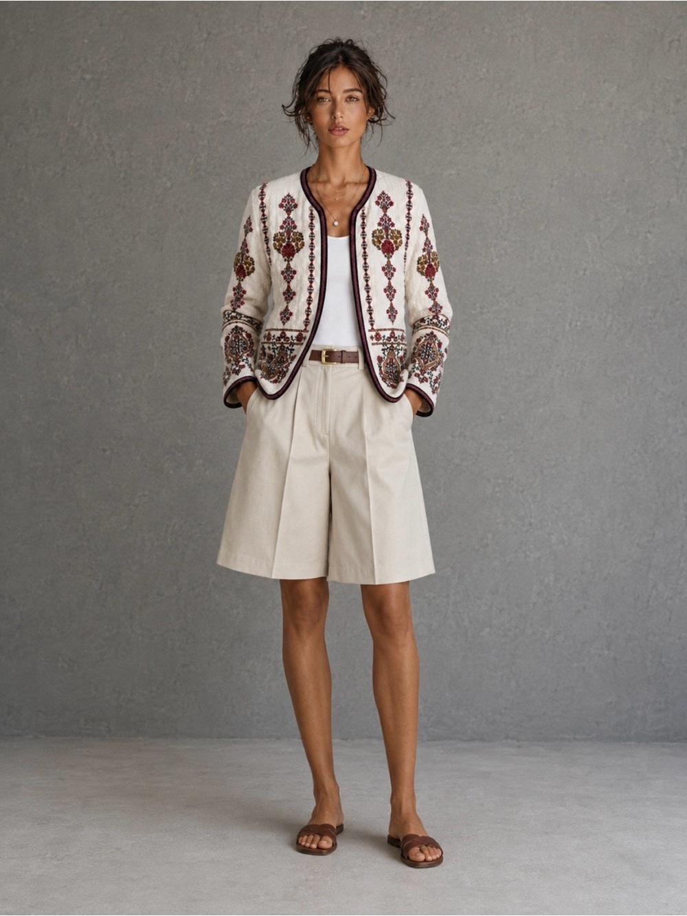 New🌺$348 Johnny Was Embroidered Floral Open Front 100% Cotton Jacket Cream S